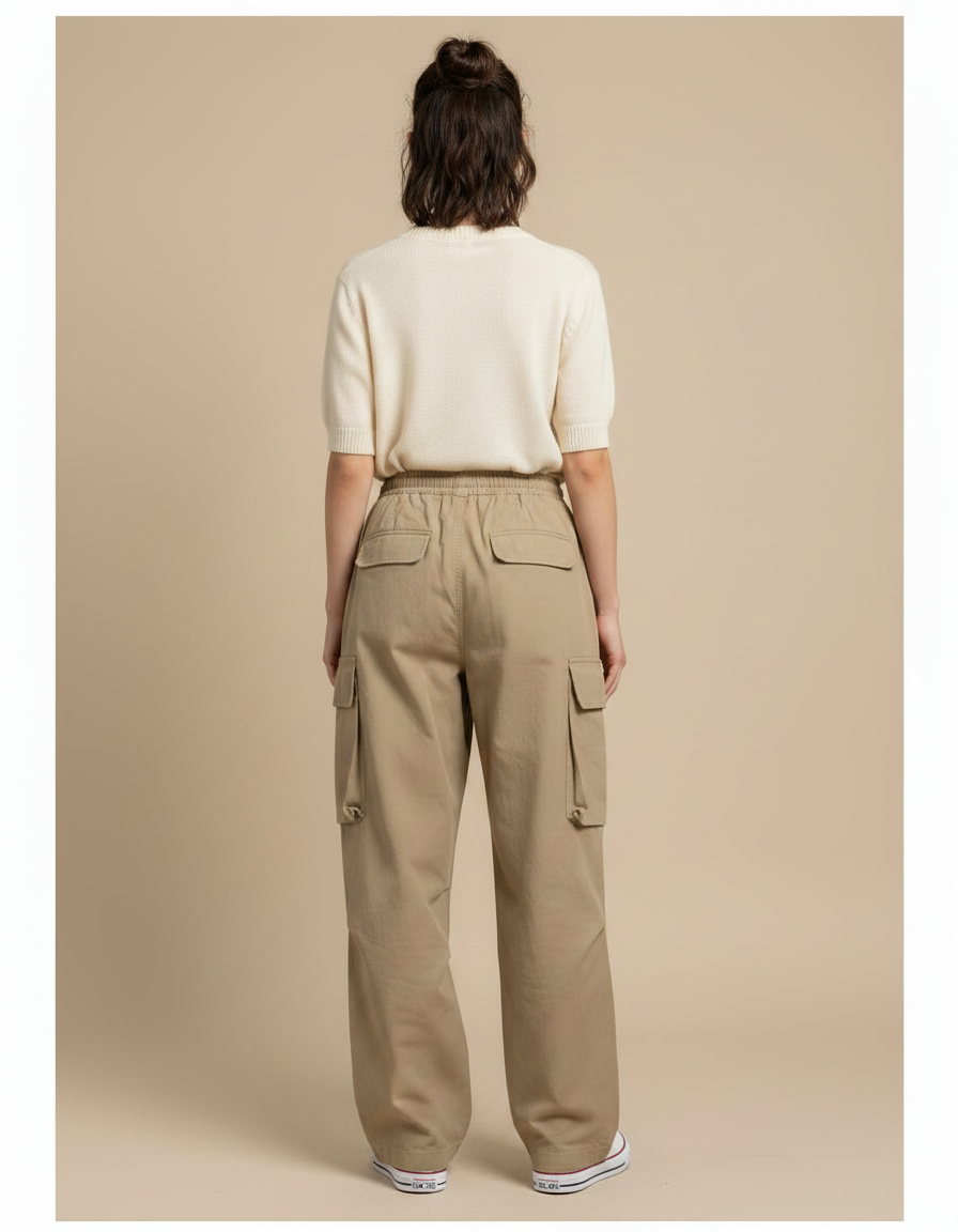 Pantalon Chino Femme Large - Beige Coton - vue 2