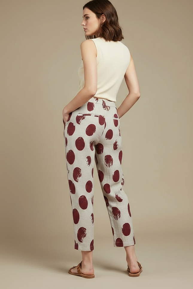 Pantalon Chino Lin Ample Imprimé Pois Rouge Fluide - Bordeaux - vue 2