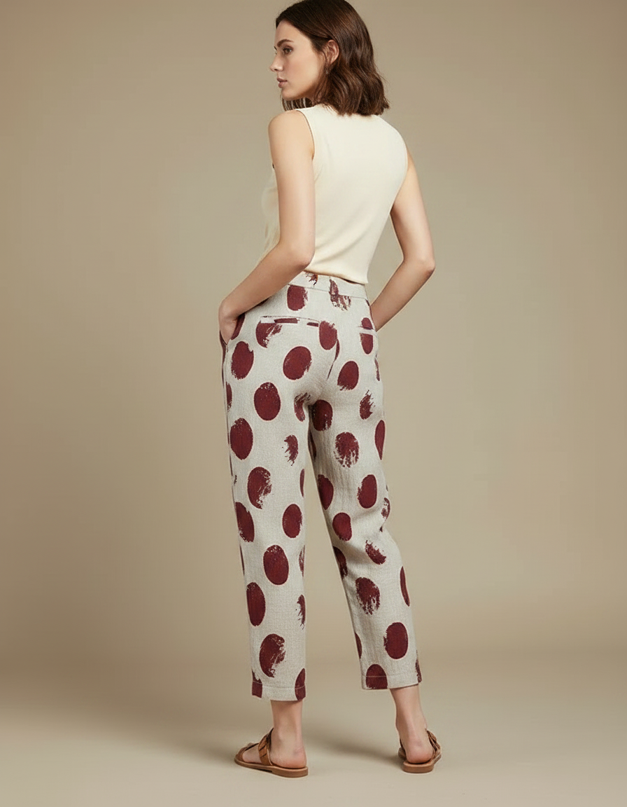 Pantalon Chino Lin Ample Imprimé Pois Rouge Fluide - Bordeaux - vue 2