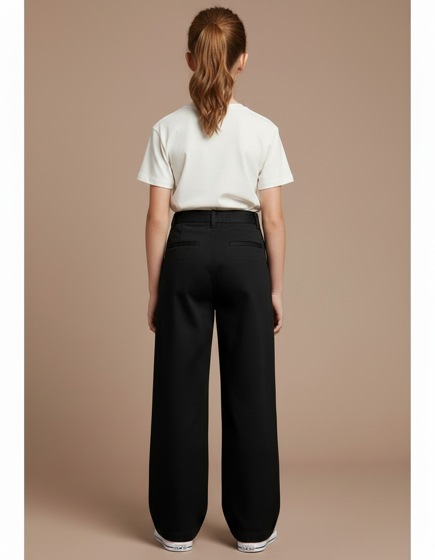 Pantalon Chino Noir Ample Droit Taille Haute Enfant - Gabardine - vue 2
