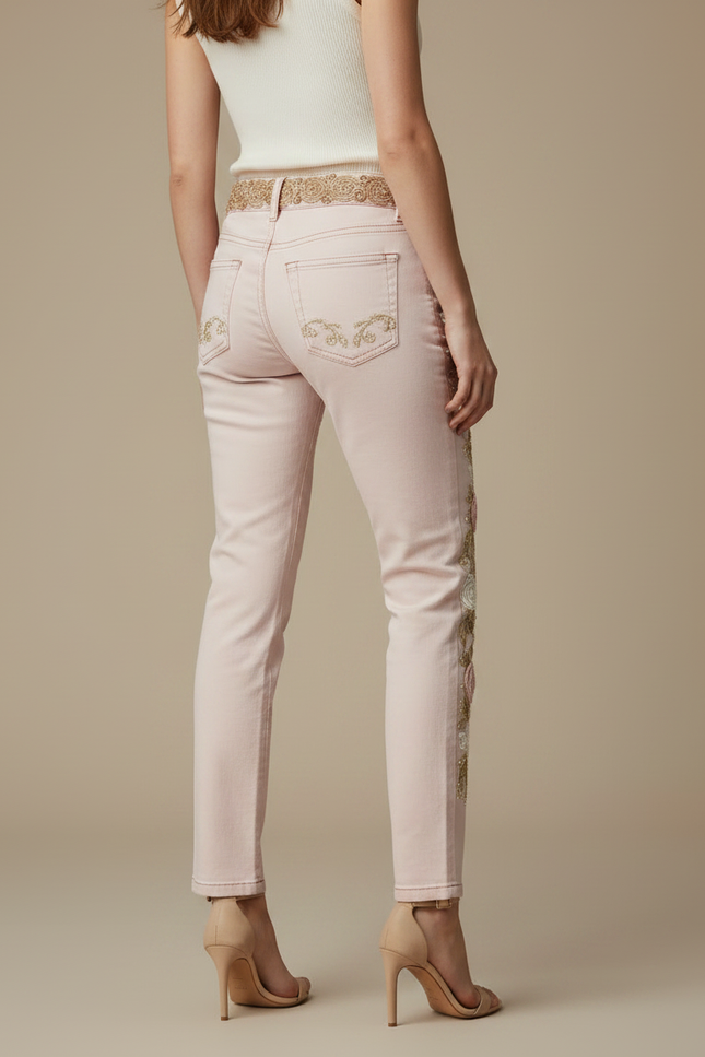 Pantalon Chino Rose Brodé Floral Slim Élégant - Gabardine - vue 2