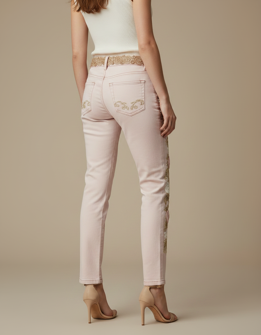 Pantalon Chino Rose Brodé Floral Slim Élégant - Gabardine - vue 2