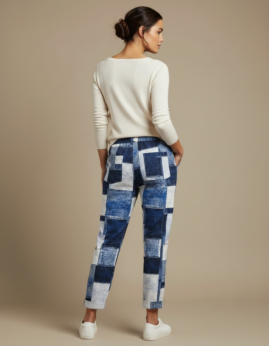 Pantalon Chino Patchwork Bleu Ample Cordon Décontracté - Multicolore Jean - vue 2