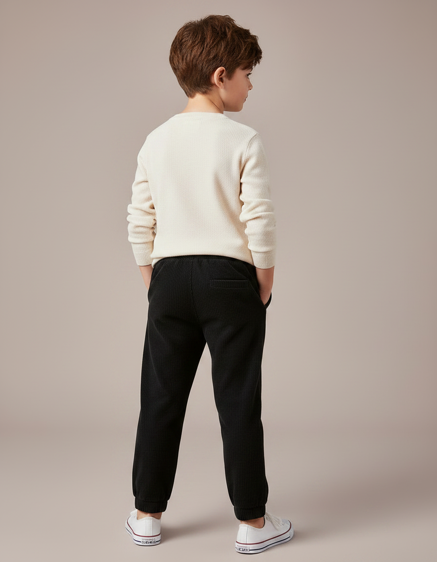 Pantalon Chino Noir Côtelé Élastique Décontracté Enfant - Cordé - vue 2
