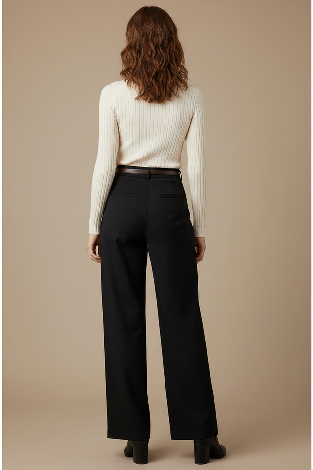 Pantalon Chino Noir Plissé Ample Femme Élégant - Polyester - vue 2