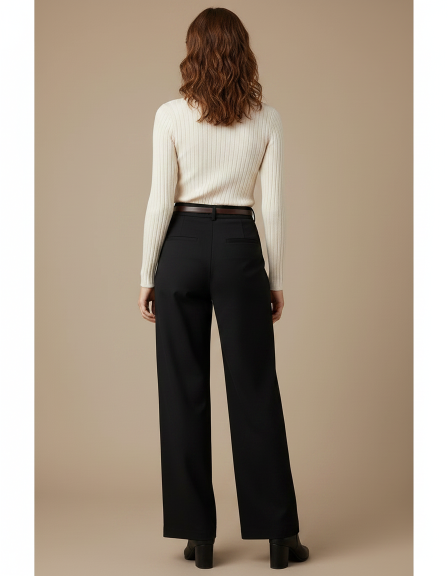 Pantalon Chino Noir Plissé Ample Femme Élégant - Polyester - vue 2
