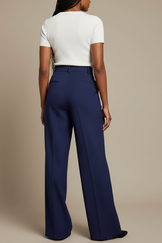 Pantalon Chino Bleu Marine Ample Taille Haute Élégant - Polyester - vue 2