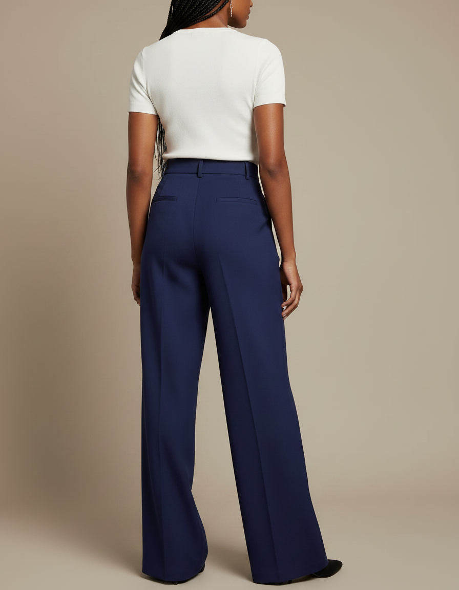 Pantalon Chino Bleu Marine Ample Taille Haute Élégant - Polyester - vue 2