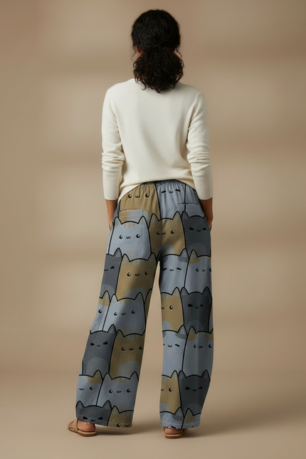 Pantalon Chino Large Imprimé Chats Fluide Décontracté - Viscose - vue 2