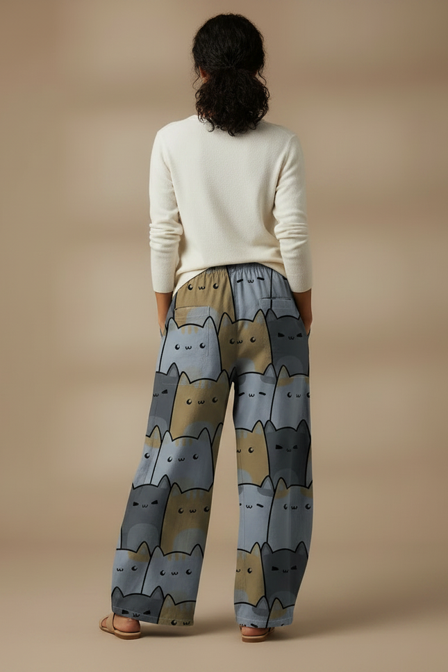 Pantalon Chino Large Imprimé Chats Fluide Décontracté - Viscose - vue 2