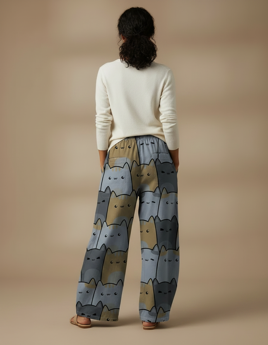 Pantalon Chino Large Imprimé Chats Fluide Décontracté - Viscose - vue 2