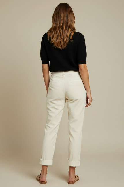Pantalon Chino Écru Côtelé Ample Décontracté Femme - Beige Cordé - vue 2