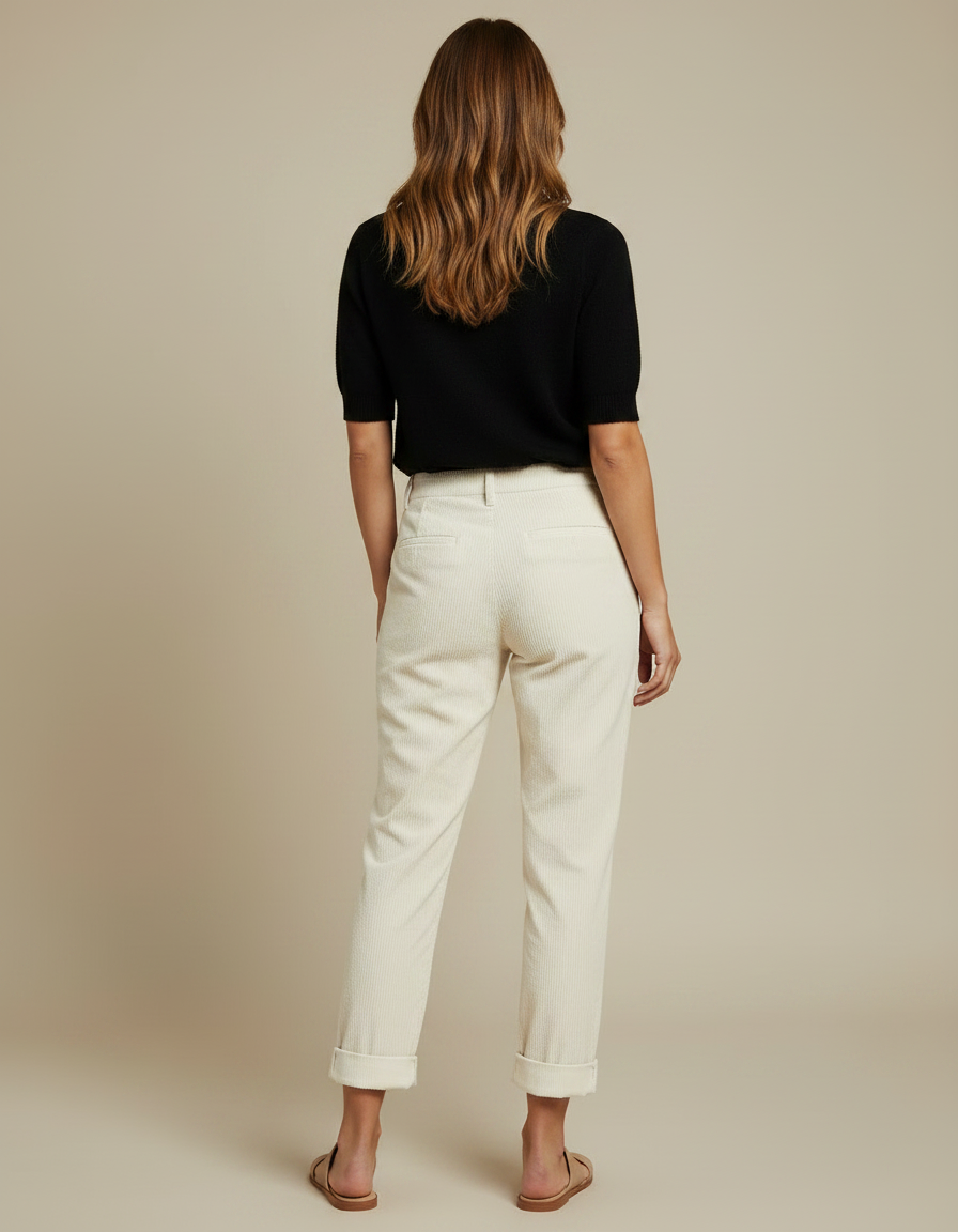 Pantalon Chino Écru Côtelé Ample Décontracté Femme - Beige Cordé - vue 2