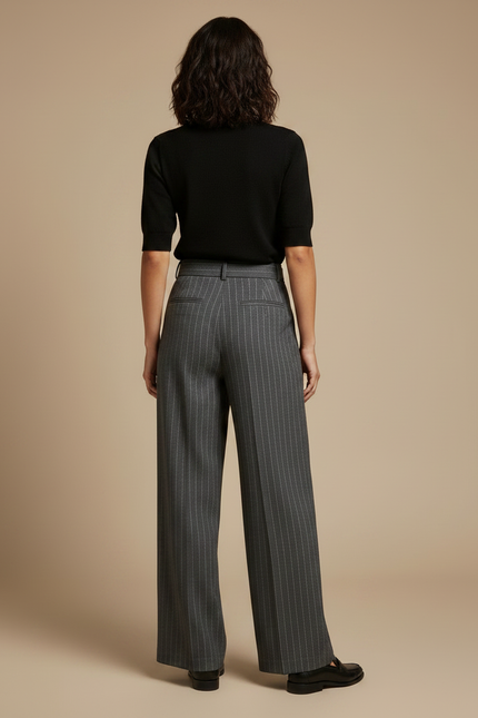 Pantalon Chino Gris Rayé Ample Taille Haute Élégant - Laine - vue 2