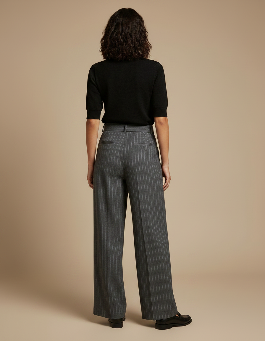 Pantalon Chino Gris Rayé Ample Taille Haute Élégant - Laine - vue 2