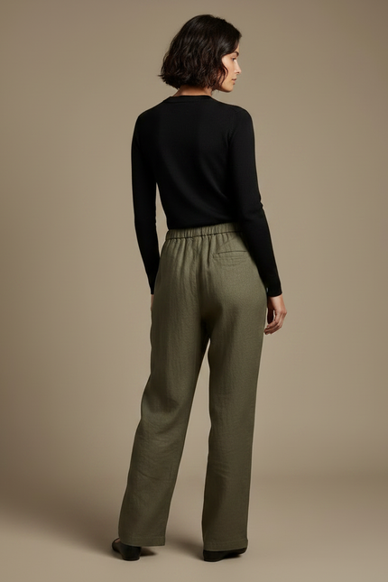 Pantalon Chino Vert Kaki Ample Lin Décontracté Femme - vue 2