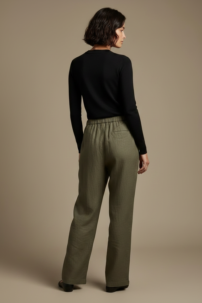Pantalon Chino Vert Kaki Ample Lin Décontracté Femme - vue 2