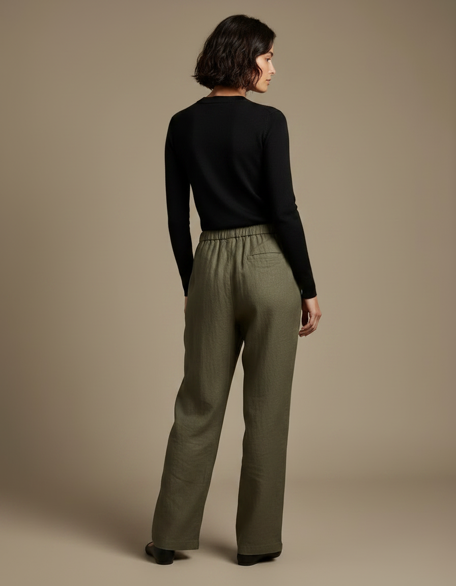 Pantalon Chino Vert Kaki Ample Lin Décontracté Femme - vue 2