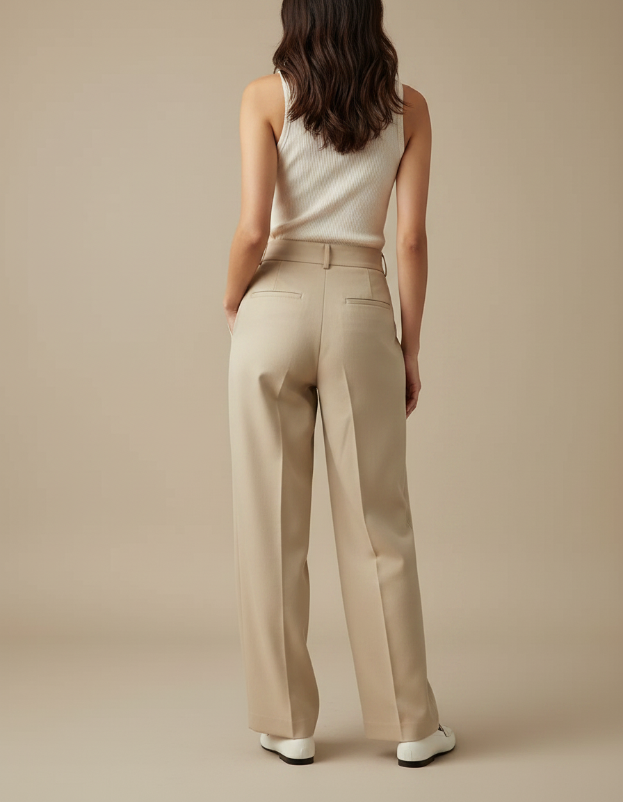 Pantalon Chino Beige Plissé Large Élégant Femme - Gabardine - vue 2