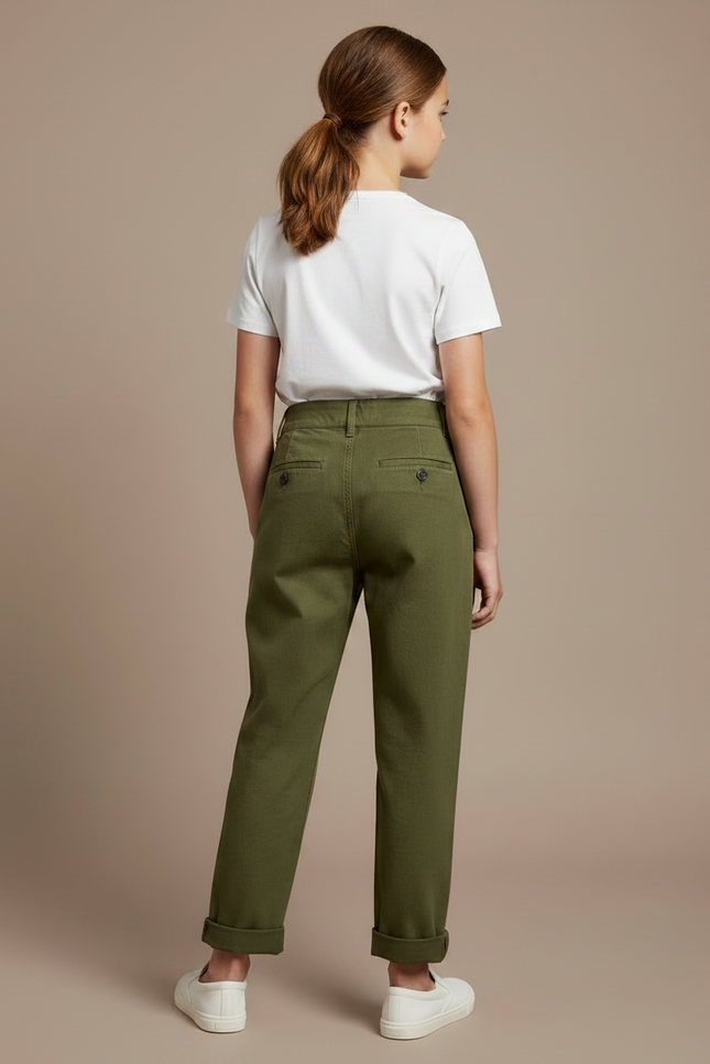 Pantalon Chino Vert Olive Coton Plissé Décontracté Enfant - Kaki - vue 2