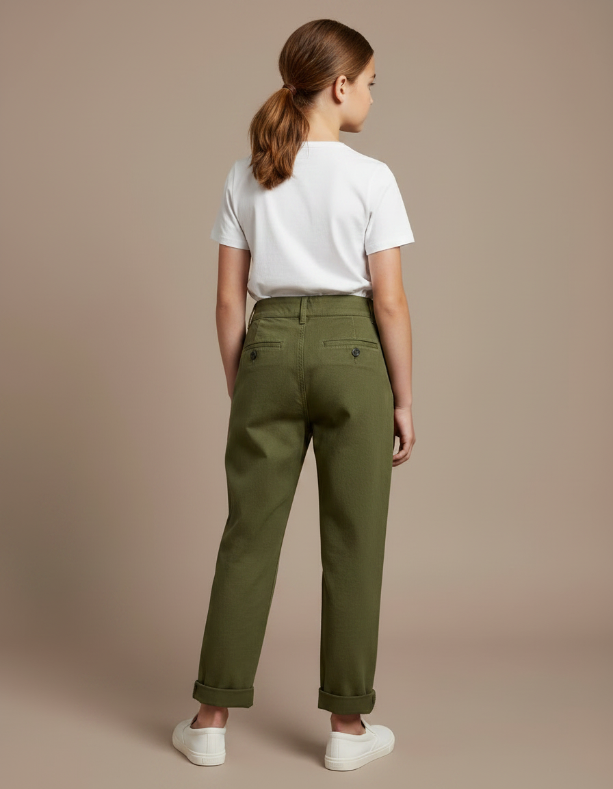 Pantalon Chino Vert Olive Coton Plissé Décontracté Enfant - Kaki - vue 2