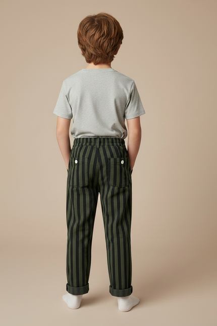 Pantalon Chino Rayé Vert Noir Ample Enfant - Multicolore Cordé - vue 2