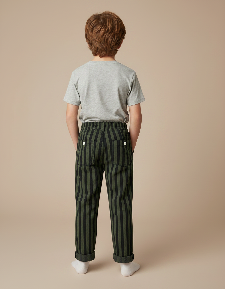 Pantalon Chino Rayé Vert Noir Ample Enfant - Multicolore Cordé - vue 2