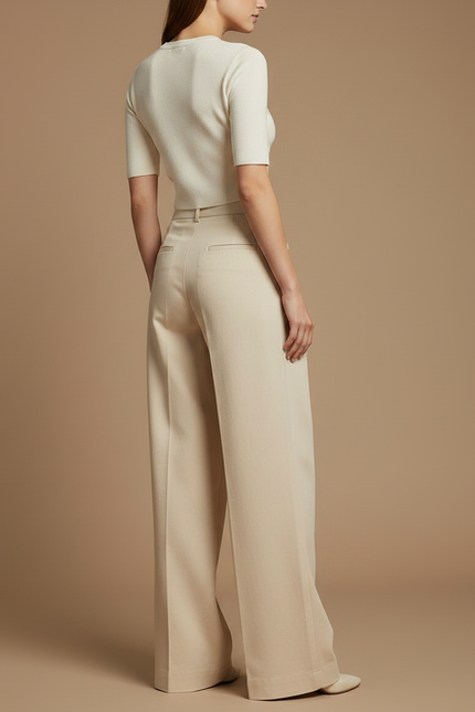 Pantalon Chino Beige Plissé Large Femme Élégant - Gabardine - vue 2