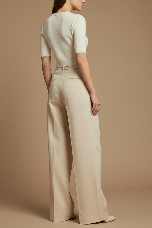Pantalon Chino Beige Plissé Large Femme Élégant - Gabardine - vue 2