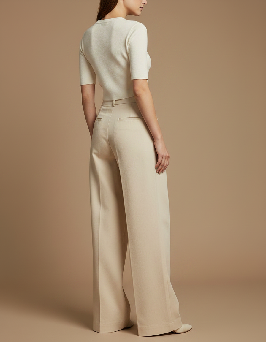 Pantalon Chino Beige Plissé Large Femme Élégant - Gabardine - vue 2