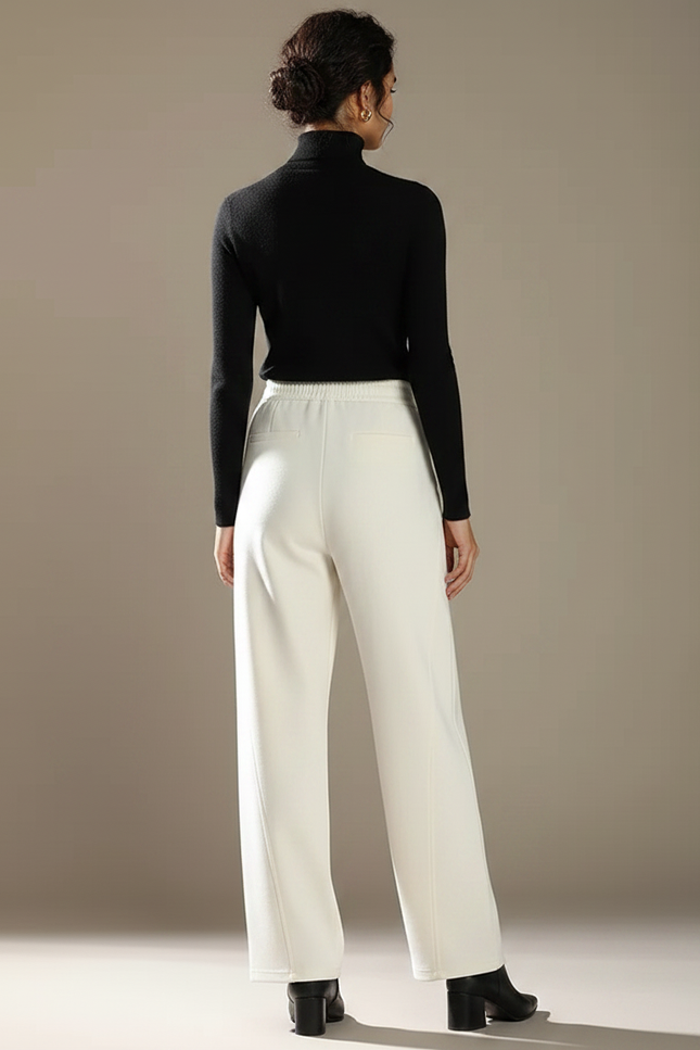 Pantalon Chino Crème Ample Taille Haute Femme Élégant - Blanc Coton - vue 2