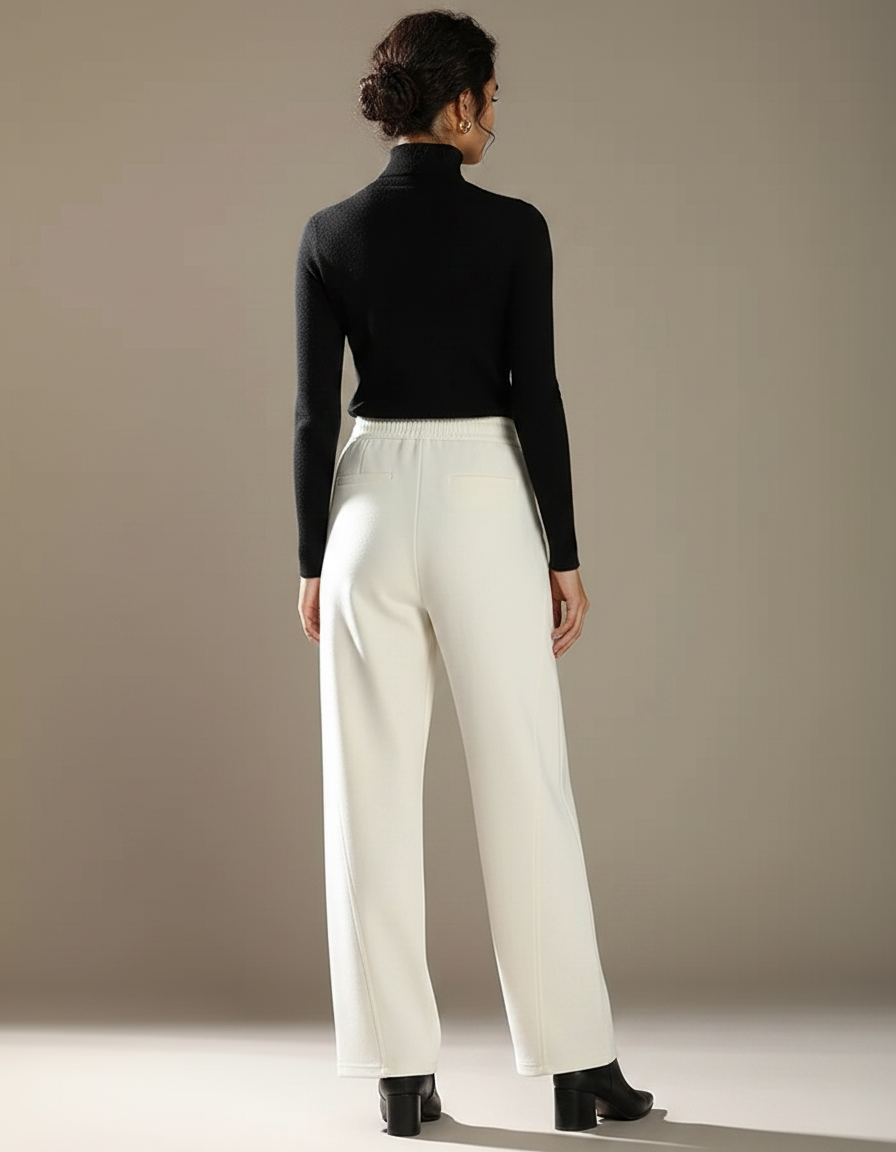 Pantalon Chino Crème Ample Taille Haute Femme Élégant - Blanc Coton - vue 2