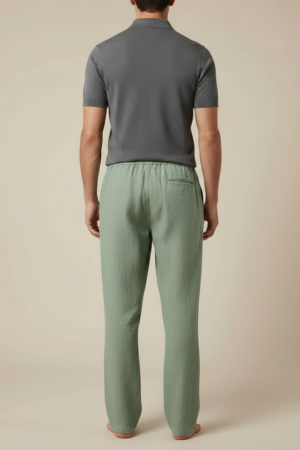 Pantalon Chino Vert Cordon Lin Ample Homme Décontracté - vue 2