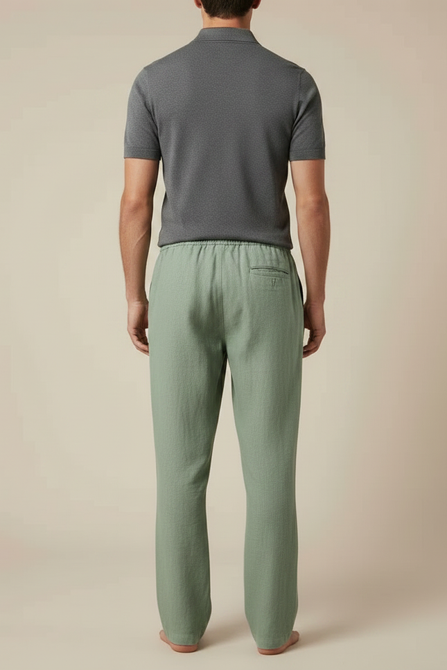 Pantalon Chino Vert Cordon Lin Ample Homme Décontracté - vue 2
