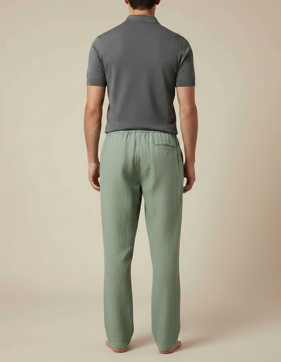 Pantalon Chino Vert Cordon Lin Ample Homme Décontracté - vue 2