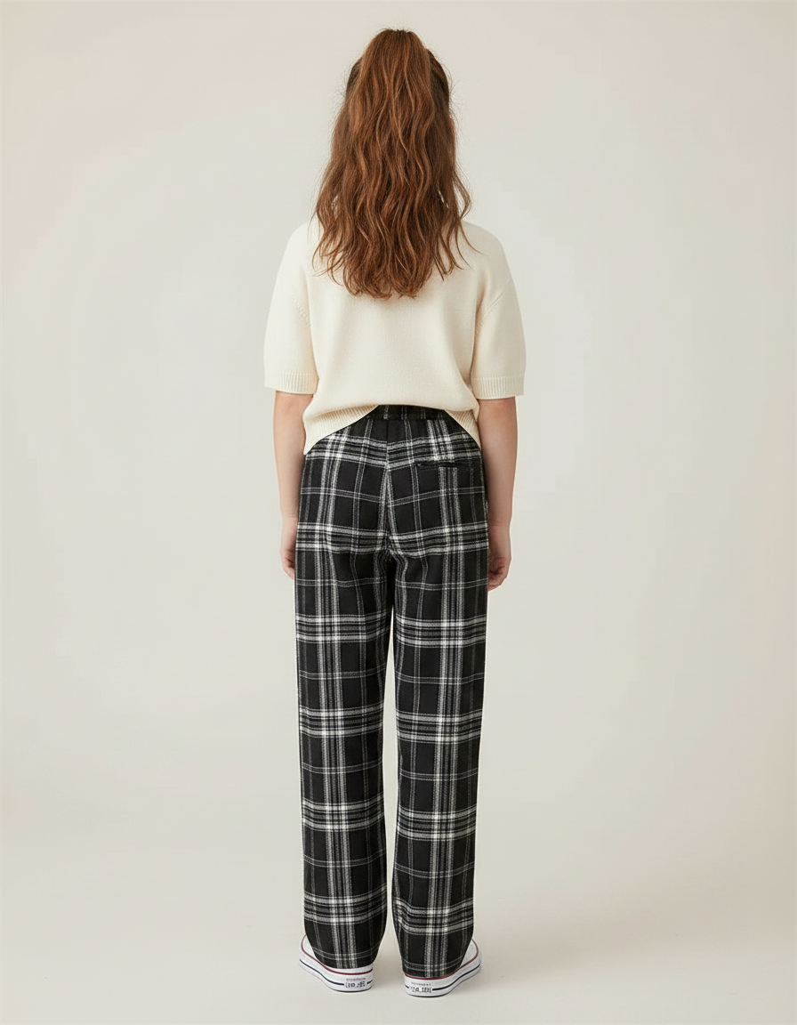 Pantalon Chino Noir Carreaux Ample Décontracté Fille - Coton - vue 2