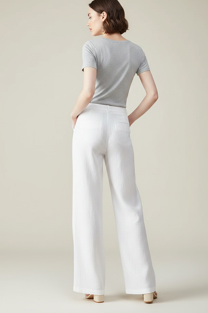 Pantalon Chino Blanc Ample Lin Droit Élégant Femme - vue 2