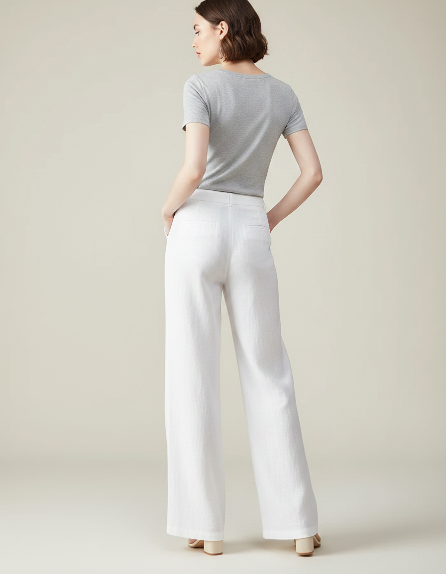 Pantalon Chino Blanc Ample Lin Droit Élégant Femme - vue 2