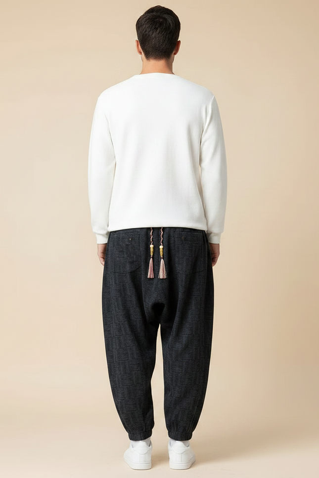 Pantalon Chino Noir Ample Ethnique Motif Géométrique - Molleton - vue 2