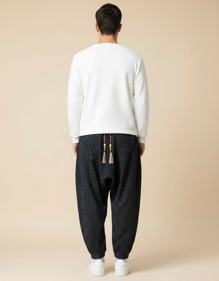 Pantalon Chino Noir Ample Ethnique Motif Géométrique - Molleton - vue 2