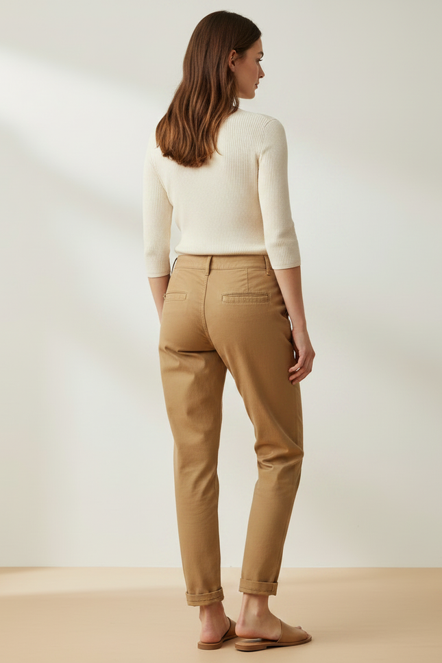Pantalon Chino Camel Coton Sergé Décontracté Fuselé Femme - vue 2