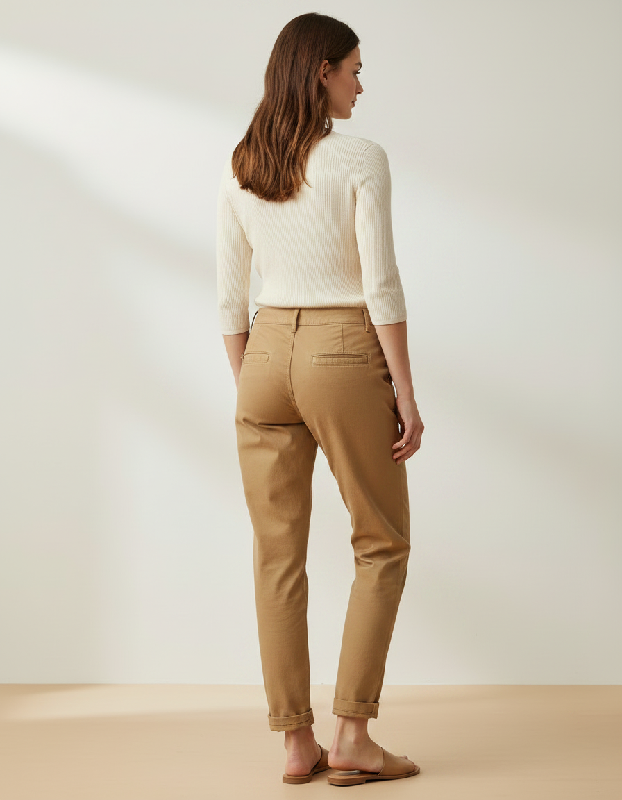 Pantalon Chino Camel Coton Sergé Décontracté Fuselé Femme - vue 2