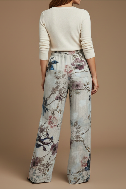 Pantalon Chino Large Imprimé Floral Fluide Respirant Beige - Lin - vue 2