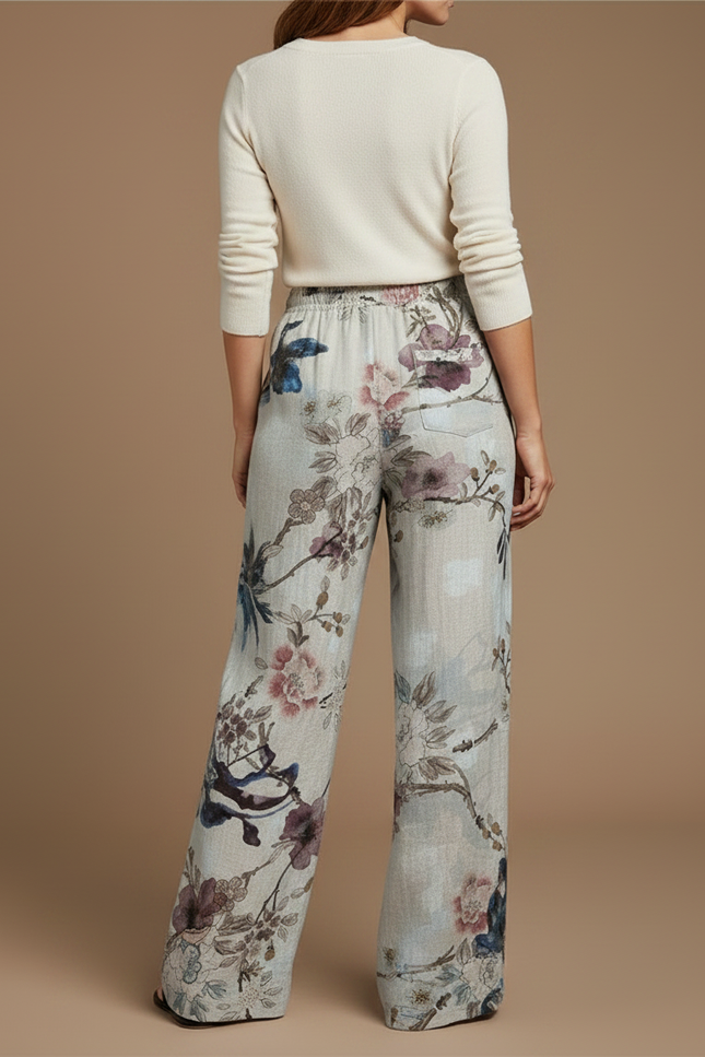 Pantalon Chino Large Imprimé Floral Fluide Respirant Beige - Lin - vue 2