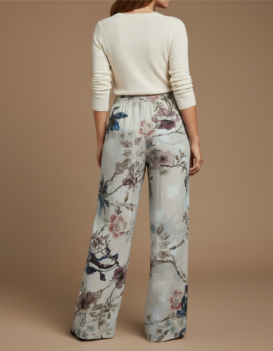 Pantalon Chino Large Imprimé Floral Fluide Respirant Beige - Lin - vue 2