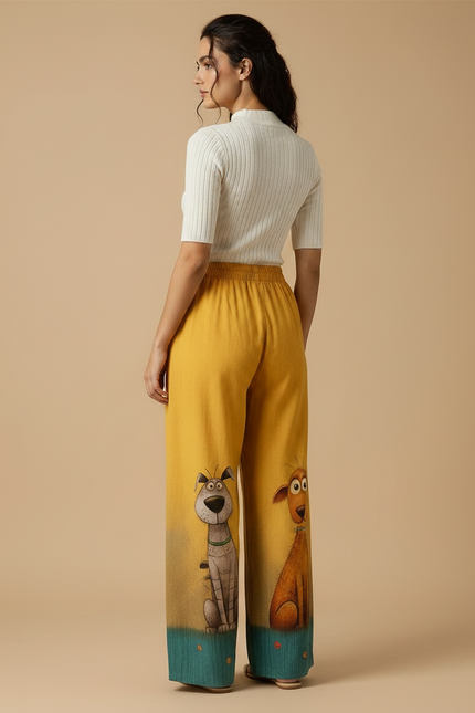 Pantalon Chino Jaune Ample Imprimé Chiens Décontracté - Lin - vue 2