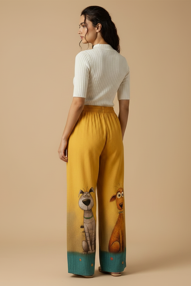 Pantalon Chino Jaune Ample Imprimé Chiens Décontracté - Lin - vue 2