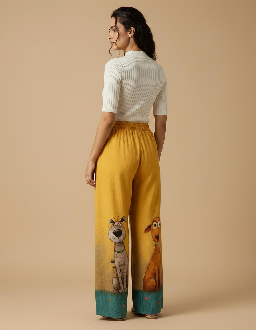 Pantalon Chino Jaune Ample Imprimé Chiens Décontracté - Lin - vue 2