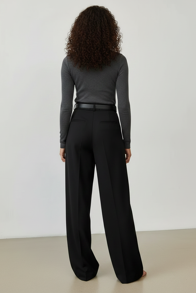 Pantalon Chino Noir Taille Haute Ample Plissé Élégant - Gabardine - vue 2