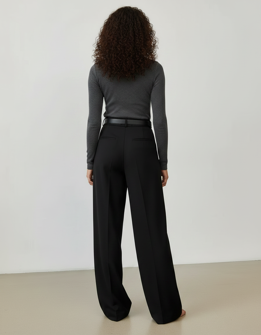 Pantalon Chino Noir Taille Haute Ample Plissé Élégant - Gabardine - vue 2